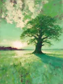Landschapsschilderij, oude eik alleen in het veld in smaragd