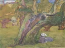 Oude eiken in Surrey van Jan Toorop: landschap met eiken, bomen, weide en zomer, in warm groen en paars