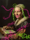 Graffiti-kunstwerk 'Oude Vrouw met Boek Graffiti Editie', klassiek portret met street-art overspoten
