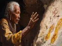 Oude man bij prehistorische rotstekeningen