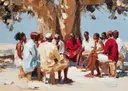 Schilderij van een groep oudsten die vergaderen onder een grote boom