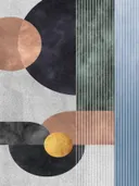 Abstract schilderij met overlappende cirkels in brons en marineblauw