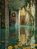 Surrealistisch kunstwerk van een ondergelopen gouden mozaïekzaal met drijvende gele bloemen