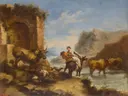 Overtocht over de rivier van Ignacio de Iriarte: zee met rivier en kasteel