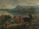 Ovid Among the Scythians van Eugène Delacroix: landschap met bergen, meer, paard en figuren, in blauw, groen en bruin