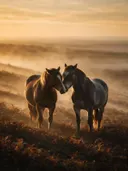 Paard een teder moment, een varenhelling, de ochtendmist