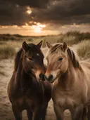 Paard een teder moment, de duinen, een dreigende luchten met een sepia-gloed