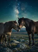 Paard een teder moment, een rotsachtig hoogland, een heldere sterrenhemel