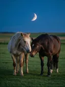 Paard een teder moment, een rustig weiland, het blauwe uur met een maansikkel