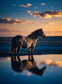 Paard en profil, de oever, met een spiegeling in het water, een blauw-oranje schemering