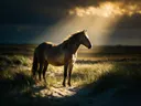 Paard en profil, de duinen, een enkele lichtbundel als een spotlicht