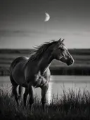 Paard en profil, een weide bij het water, het blauwe uur met een maansikkel, zwart-wit