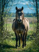 Paard frontaal, een bosrand, een fris lentemoment