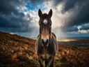 Paard frontaal, een varenhelling, een fris moment na de regen
