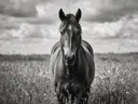 Paard frontaal, een bloemenweide, een zacht bewolkte hemel, zwart-wit