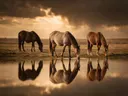Paard in het veld, de oever, met een spiegeling in het water, een dreigende luchten met een sepia-gloed
