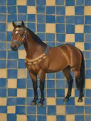 Schilderij van paard in kobalt en zand, in vlakke kleurvlakken