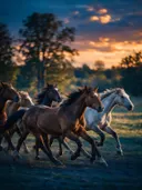 Paard in kudde, een bosrand, een blauw-oranje schemering