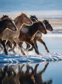 Paard in kudde, de oever, met een spiegeling in het water, een dun laagje sneeuw