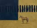 Schilderij van paard in nachtblauw en goud, in vlakke kleurvlakken
