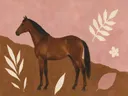 Schilderij van paard in poederroze en bruin, in vlakke kleurvlakken