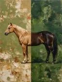 Schilderij: paard in twee kleurzones, olijfgroen met mosterd