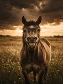Paard lachend, een bloemenweide, een dreigende luchten met een sepia-gloed