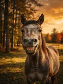 Paard lachend, een bosrand, volle herfstkleuren