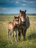 Paard met jong, een bloemenweide, een fris lentemoment