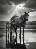 Paard met jong, de oever, met een spiegeling in het water, een fris moment na de regen, zwart-wit