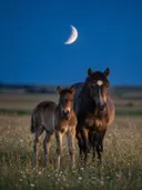Paard met jong, een bloemenweide, het blauwe uur met een maansikkel
