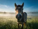 Paard nieuwsgierig, een bloemenweide, de ochtendmist