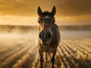 Paard nieuwsgierig, een goudkleurig stoppelveld, de ochtendmist