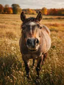 Paard nieuwsgierig, een bloemenweide, volle herfstkleuren