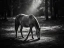Paard op afstand, een bosrand, een enkele lichtbundel als een spotlicht, zwart-wit