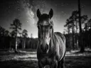 Paard recht in de lens, een bosrand, een heldere sterrenhemel, zwart-wit