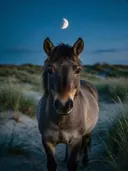 Paard recht in de lens, de duinen, het blauwe uur met een maansikkel