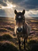 Paard recht in de lens, een wilde heide, lichtbundels door de wolken