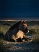 Paard rustend, de duinen, de laatste gloed vlak voor de nacht
