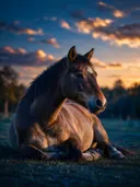 Paard rustend, een bosrand, een blauw-oranje schemering