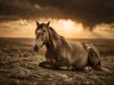Paard rustend, een rotsachtig hoogland, een dreigende luchten met een sepia-gloed
