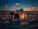 Paard samen, een wilde heide, een blauw-oranje schemering