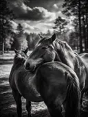 Paard samen, een bosrand, een dramatische blauwe lucht, zwart-wit