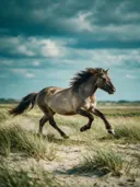 Paard steigerend, de duinen, een zacht bewolkte hemel