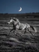 Paard steigerend, een wilde heide, het blauwe uur met een maansikkel, zwart-wit