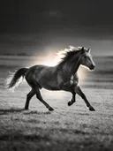 Paard steigerend, een rustig weiland, het felle tegenlicht van de ondergaande zon, zwart-wit