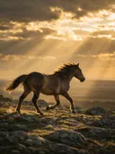 Paard steigerend, een rotsachtig hoogland, lichtbundels door de wolken