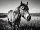 Paard van onderaf, een weide bij het water, de volle zomer, zwart-wit
