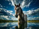 Paard van onderaf, de oever, met een spiegeling in het water, een dramatische blauwe lucht