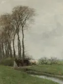 Paarden bij het hek van Anton Mauve: landschap met bomen, paarden, sloot en weiland, in gedempt grijsgroen